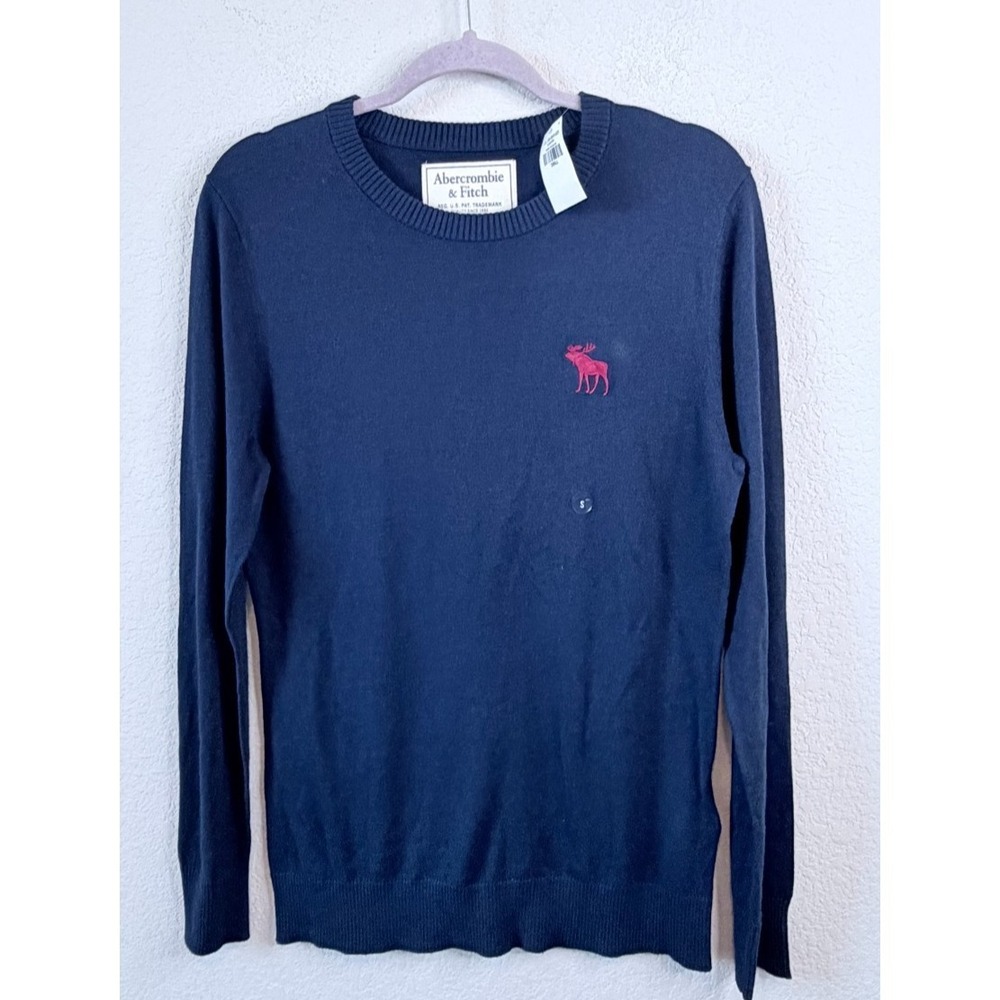Abercrombie‎ & Fitch Men's Navy Crewneck Sweater Sz S Red Moose Logo Lightweight